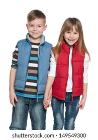 A Portrait Of A Laughing Girl And A Smiling Boy On The White Background