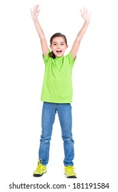 Portrait of laughing happy girl with raised hands up - isolated on white background.