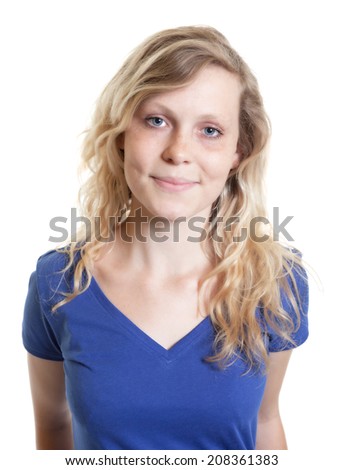 Portrait of a laughing scandinavian woman in a blue shirt