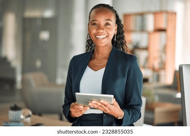 Portrait, lawyer and black woman with tablet, smile and happy in office workplace. African attorney, technology and face of professional, female advocate and legal advisor from Nigeria in law firm. - Powered by Shutterstock