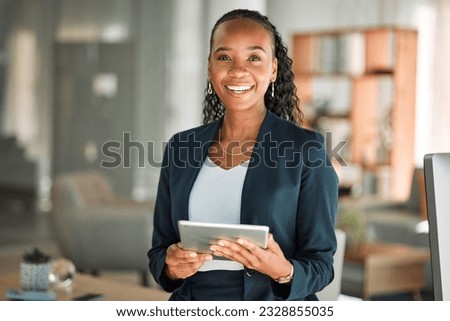 Portrait, lawyer and black woman with tablet, smile and happy in office workplace. African attorney, technology and face of professional, female advocate and legal advisor from Nigeria in law firm.