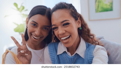 Portrait, lesbian couple and selfie with peace sign for pride photography, social media post and lgbtq support. Smile, gay women and profile picture update, relationship and bonding memory at house - Powered by Shutterstock