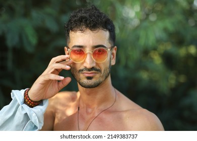 Portrait Of  Lifestyle Fashion Handsome Man. Wearing Stylish Sunglasses.Close Up