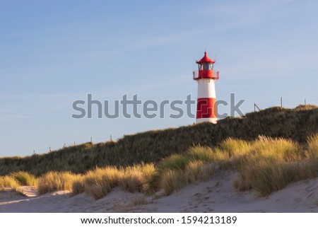 Portrait of lighthouse List West at Sylt Island with marram grass in the foreground