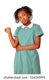 Portrait Of Little African School Girl Looking Away And Thinking Against White Background