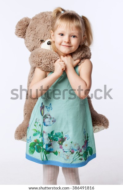 Portrait Little Blonde Girl Hugging Teddy Stock Photo 386491816 ...