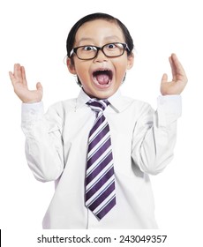 Portrait of little boy in business suit with shocked expression, isolated on white background