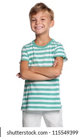 Portrait of little boy with hands folded isolated on white background