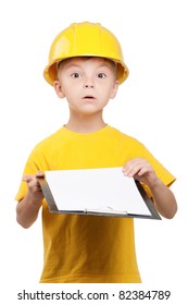 Portrait Of Little Boy With Hard Hat On White Background