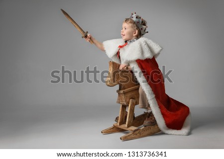 Portrait of a little boy in a knight costume on a rocking horse