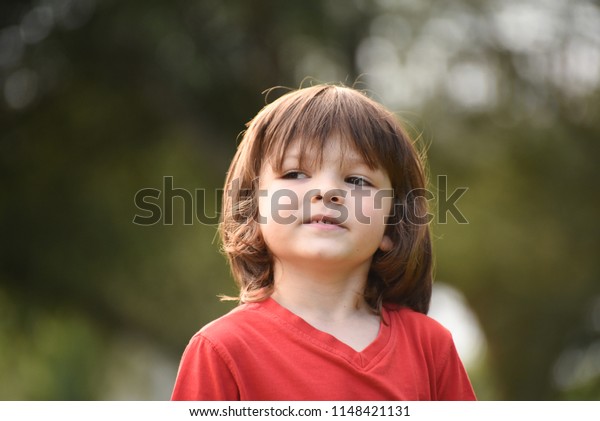 Portrait Little Boy Long Hair People Stock Image
