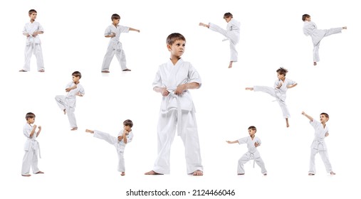 Portrait of little boy, motivated sportsman in white kimono training isolated over white background. Concept of martial art, healthy lifestyle, sport, action, combat sport, energy. Copy space for ad