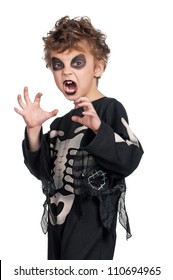 Portrait Of Little Boy Wearing Halloween Costume On White Background