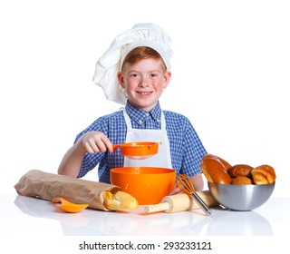 Portrait of Little Cook Making Bread. Isolated on white background.