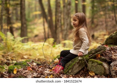 Portrait of little girl in the autumn woods of Maine.