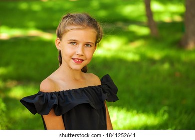 Portrait Of A Little Girl Before School Age, Summer Park Outdoors