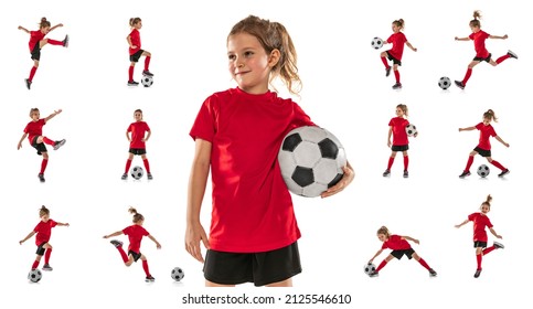 Portrait of little girl, child, training, playing football isolated over white background. Dribbling. Collage. Concept of action, sportive lifestyle, team game, health, energy, vitality and ad