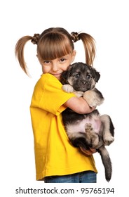 Portrait Of Little Girl With Cute Puppy Isolated On White Background