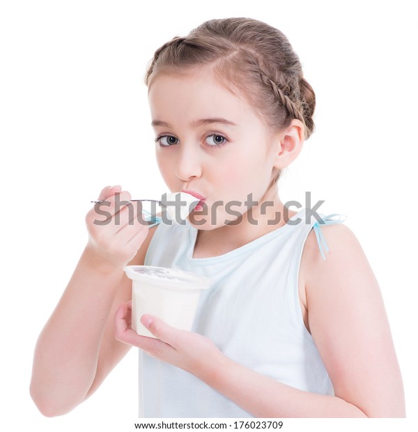 Portrait Little Girl Eating Yogurt Isolated Stock Photo 176023709 ...