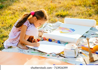 Portrait Of Little Girl Painting, Summer Outdoor. Art, Drawing And Kids Creativity Concept.