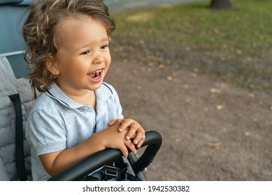 Portrait of a little joyful and laughing long-haired child sitting in a baby carriage outdoors in nature