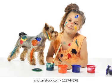 Portrait Of A Little Messy Girl Painter With Dog