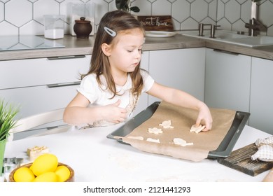 Portrait of little studiously girl chef, sitting on chair, making different shape dough cookies on dripping pan. Wooden plate of yellow easter eggs and plant pot near child. Kitchen utensil indoor.