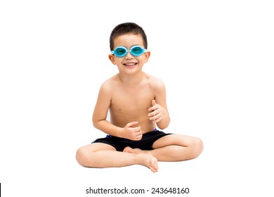 Portrait Of Little Young Boy In Swimsuit And Blue Swim Goggles Isolated On White Background