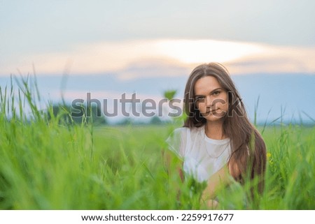 Similar – Image, Stock Photo laughing, blonde woman, sunset, field