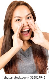 Portrait of lovely Asian girl, sleeveless gray top, light brown hair telling secret or yelling announcement looking at camera, cupping hands around mouth. Thai national of Chinese origin. Vertical - Shutterstock ID 316019945