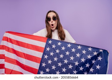 Portrait Of Lovely Attractive Cheerful Lady Holding In Hands Flag Green Card Lottery Win Winner Isolated Over Violet Background