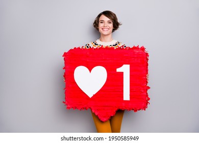 Portrait of lovely cheerful girl holding big board like smm one count isolated over grey pastel color background