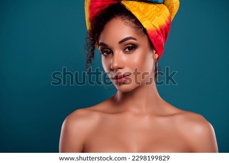 Portrait of lovely dream lady tribe chief queen wear cultural national outfit isolated on blue color background