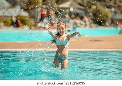 Portrait of lovely little teenage girl ressting on the edge of swimming pool and squinting her eyes because of the bright sun - Shutterstock ID 2315236035