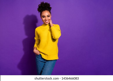 Portrait of lovely millennial touch hands palms neck she her pockets isolated over violet background - Powered by Shutterstock