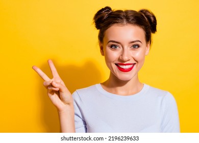 Portrait of lovely sweet adorable lady with red lipstick make v sign symbol isolated bright color background