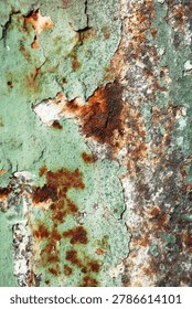Portrait macro of green paint cracking and peeling extensively over a rust-covered metal surface, revealing layers of orange, brown, and gray beneath. Rich in color and detail, ideal for industrial and decay-themed design.