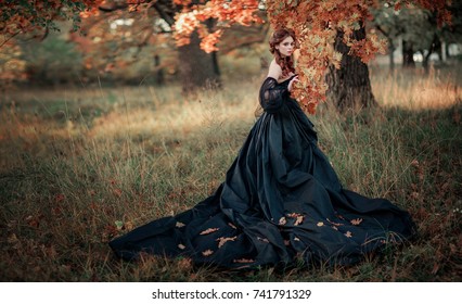 Portrait of magnificent Fashion gothic girl standing near tree .Fantasy art work.Amazing red haired model in black dress and hat looking at camera and posing.Fairytale about young princess 