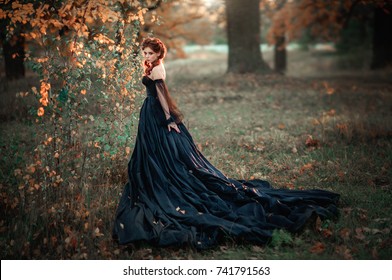 Portrait of magnificent Fashion gothic girl standing near tree .Fantasy art work.Amazing red haired model in black dress and hat looking at camera and posing.Fairytale about young princess 