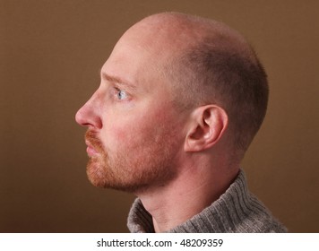 portrait of male with beard and bald. profile of white man in his thirties on brown background