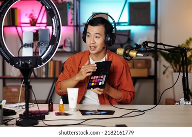 Portrait Of Male Beauty Blogger Filming Himself Talking About His Favorite Beauty Products