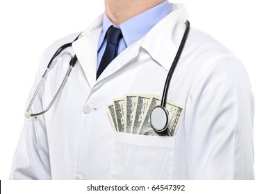 A portrait of a male doctor with  money in his pocket isolated on white background
