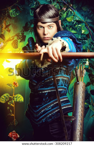 portrait male elf bow arrows magical stock photo edit now 308209217