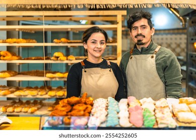 Portrait of male and female latin young coworkers in an artisan bakery shop - Powered by Shutterstock