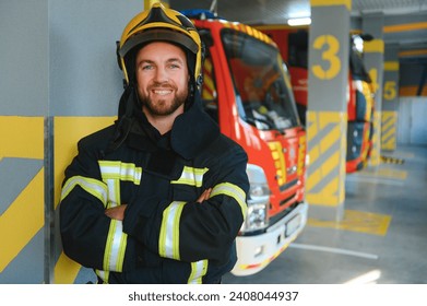 Portrait of male firefighter in uniform at fire station. - Powered by Shutterstock