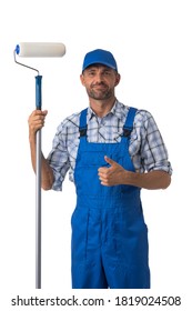 Portrait Of Male House Painter With Paint Roller Showing Thumb Up Isolated On White Background