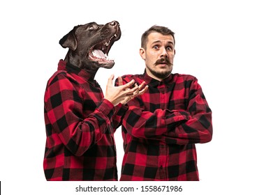 Portrait Of Man Arguing With Himself As A Dog On White Studio Background. Concept Of Human Emotions, Expression, Mental Issues, Internal Conflict, Split Personality. Copyspace. Scream.