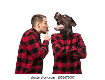 Portrait Of Man Arguing With Himself As A Dog On White Studio Background. Concept Of Human Emotions, Expression, Mental Issues, Internal Conflict, Split Personality. Copyspace. Scream.