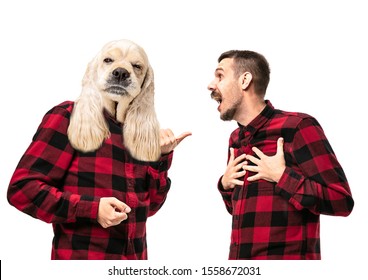 Portrait Of Man Arguing With Himself As A Dog On White Studio Background. Concept Of Human Emotions, Expression, Mental Issues, Internal Conflict, Split Personality. Copyspace. Scream.