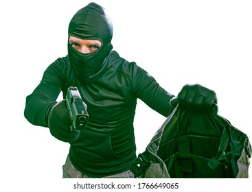 Portrait Of Man In Balaclava Mask Holding Gun In Front Of Security Metal Vault Door In Bank Or Casino Heist Concept Isolated On White Background